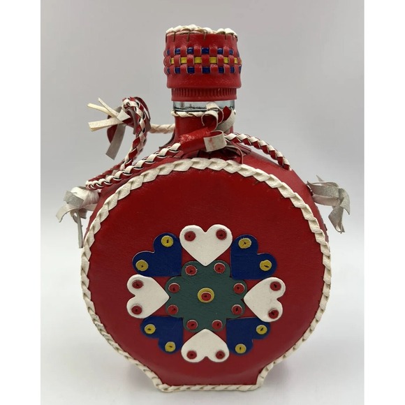 Other - Vintage Leather Wrapped Decanter Bottle Hearts Red Folk Art Braid Art